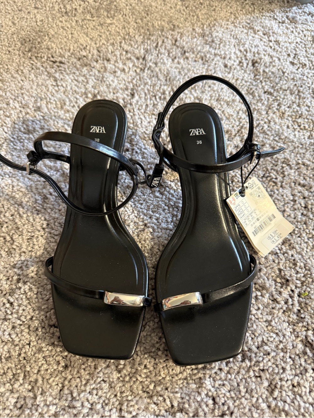 Black Sleek ZARA sandals featuring a square toe & delicate ankle strap, size 7.5